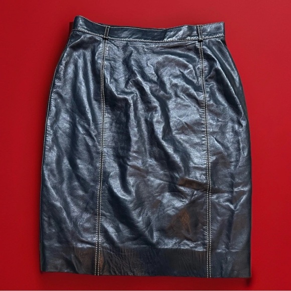 True Vintage Expert Crafted Handmade Navy size 42 eu genuine leather Midi Skirt - Picture 3 of 5